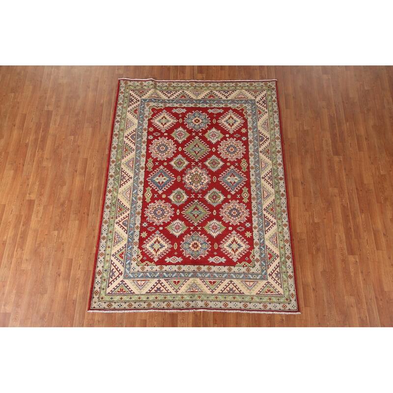 Geometric Red Kazak Oriental Area Rug Handmade Wool Carpet - 5'8" x 7'10"
