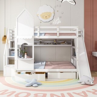 Full Over Full Castle Style Bunk Bed w/2 Drawers,3 Shelves&Slide,White