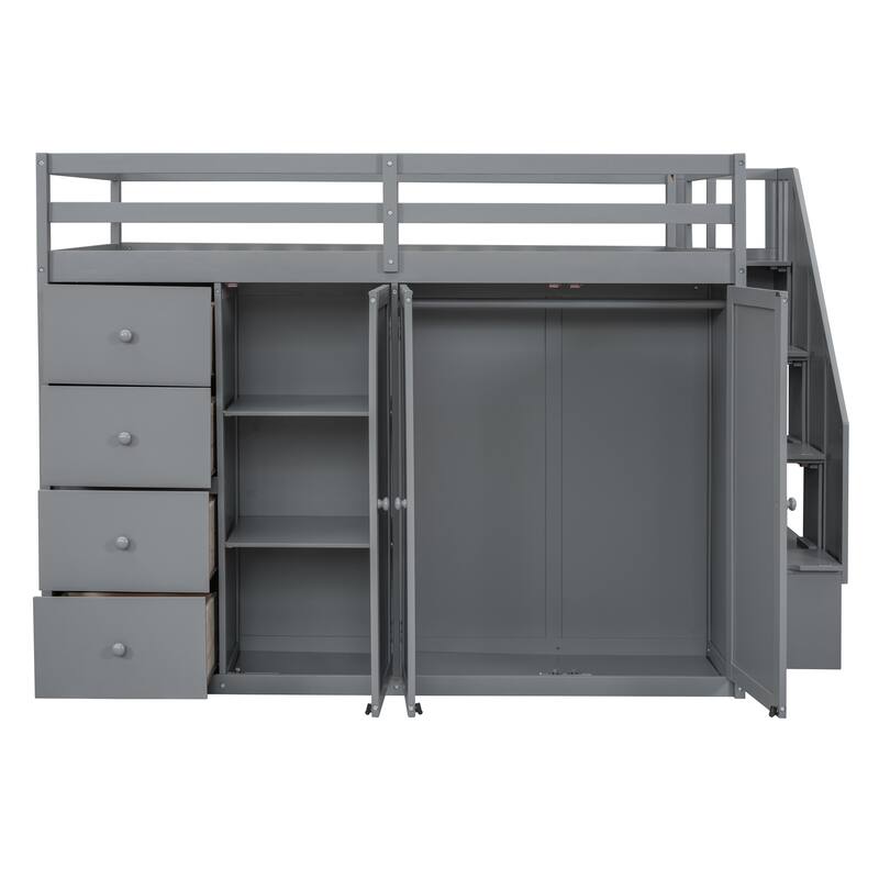Full Size Gray Wood Loft Bed with Built-in Wardrobes, Cabinets, and Drawers