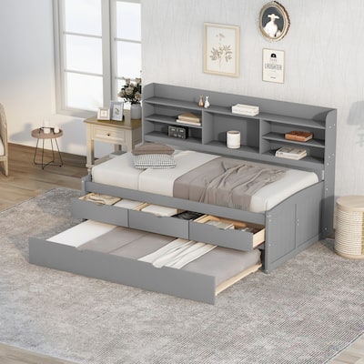 Grey Twin Wooden Captain Bed with Bookshelves, 3 Storage Drawers, and Trundle