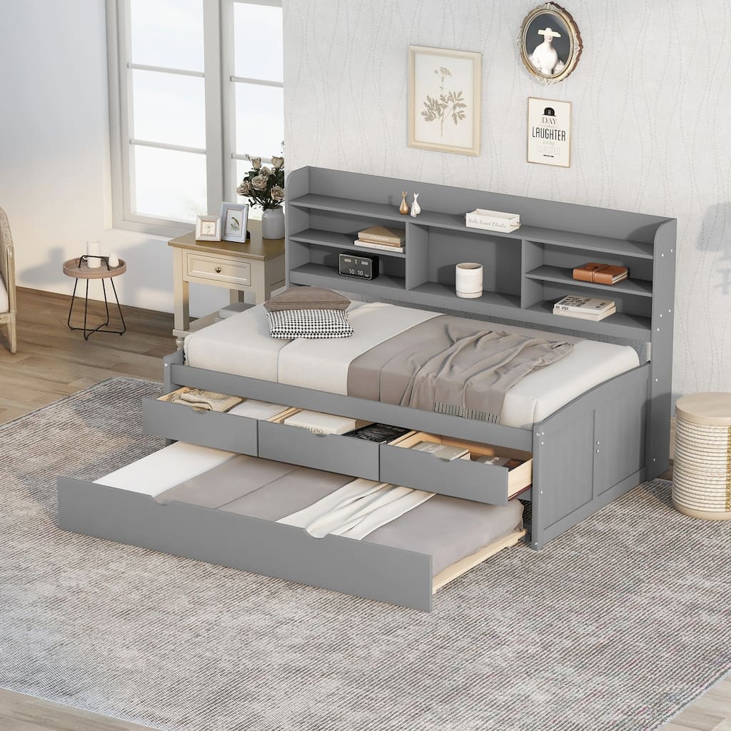 Twin Size Wooden Bed with Built-in Bookshelves, Storage Drawers, and Trundle in Light Grey