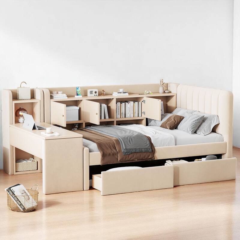 Multi-Functional Twin Daybed with Storage Drawers, Shelves, Flip Cabinets, and Side Table for Small Rooms - Beige - Twin