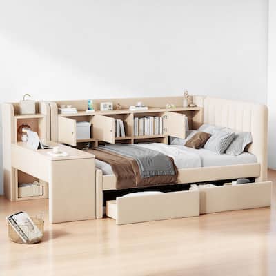 Multi-Functional Twin Daybed with Storage Drawers, Shelves, Flip Cabinets, and Side Table for Small Rooms