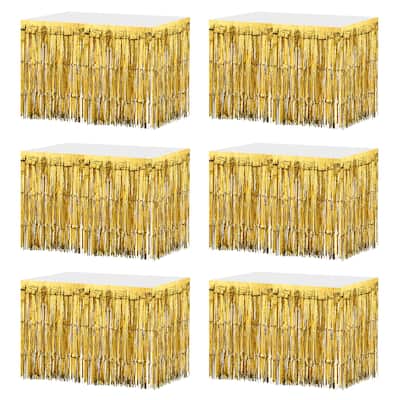 6 Pcs 29x108 Inch Metallic Foil Fringe Tinsel Table Skirts - Gold - 29x108 Inch