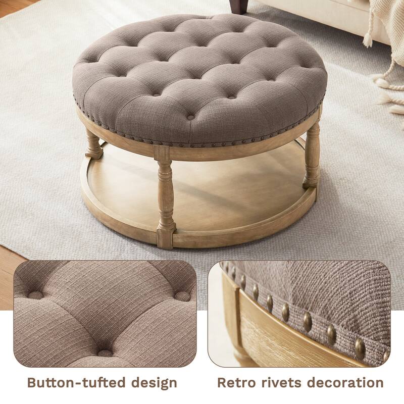 HUIMO 33in Round Upholstered Solid Wood Ottoman Coffee Table with Storage Shelf