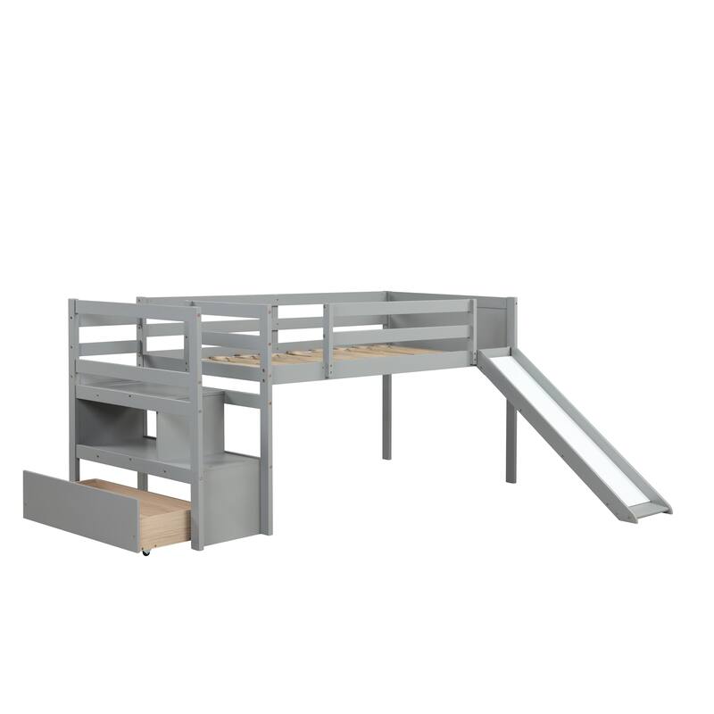Twin Size Loft Bed with Slide and Storage, Wooden Low Loftbeds Frame