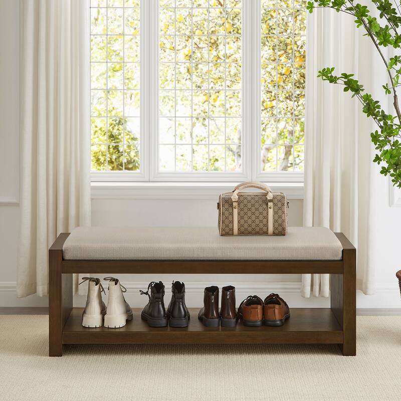 47" Accent Bench with Lower Shelf Shoe Rack Modern Compact Bed End Bench with Storage for Bedroom Seating, Removable Cushion