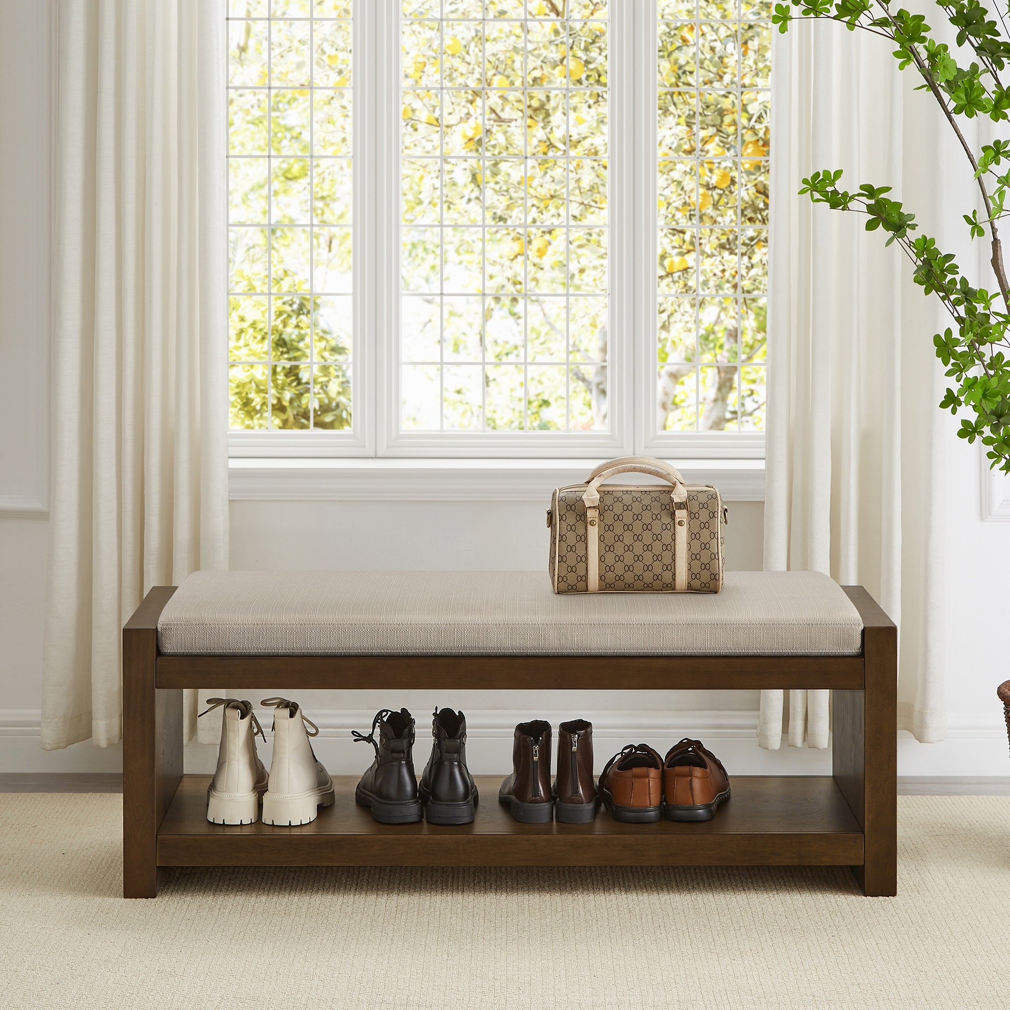 Accent Bench With Lower Shelf Shoe Rack And Removable Cushion