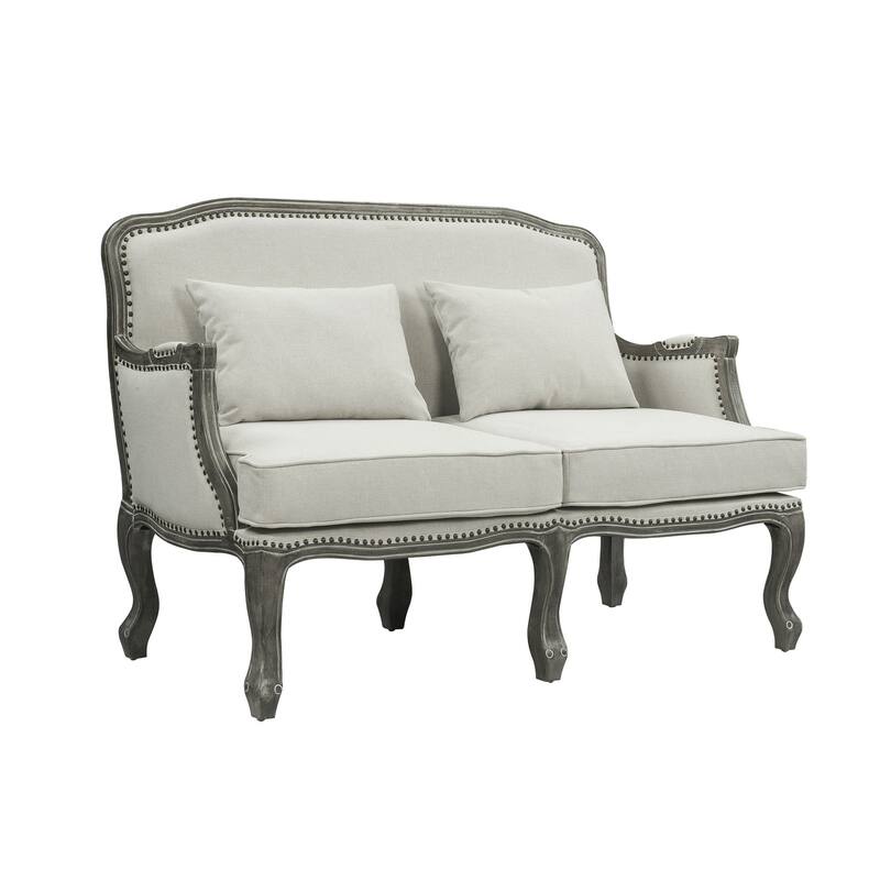 56" Cream And Gray Linen Loveseat and Toss Pillows - Beige