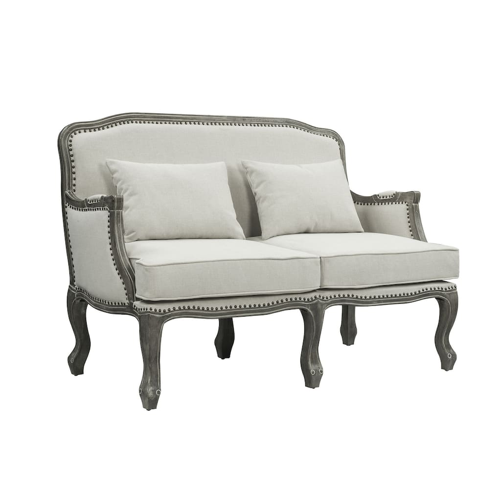 56" Cream And Gray Linen Loveseat and Toss Pillows