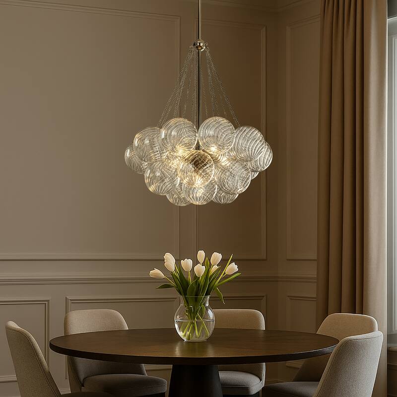 27'' Modern Glam Cluster Chandelier 6 Lights Pendant with Hand Blown Textured Glass Globes And Chrome Finish for Dining Room