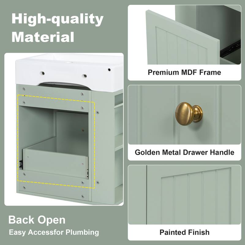 20 Inch Wall-mounted Bathroom Vanity with Ceramic Sink, Floating Bathroom Vanity Cabinet with Side Shelf for Small Bathrooms