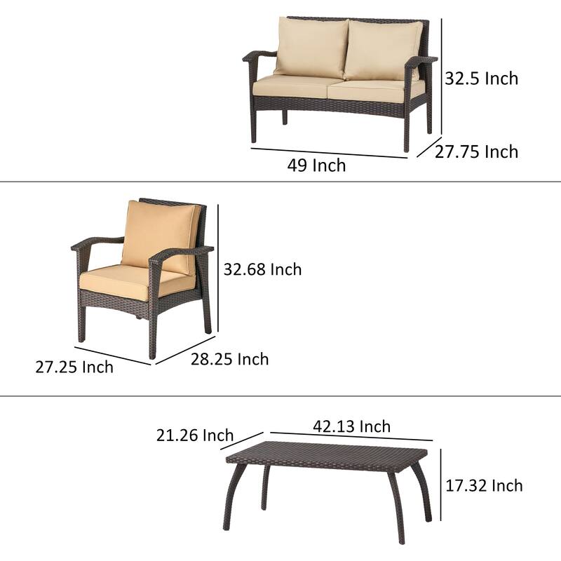 Honi 4pc Outdoor Table Set, 2 Accent Chairs 1 Loveseat, Brown Rattan, Iron