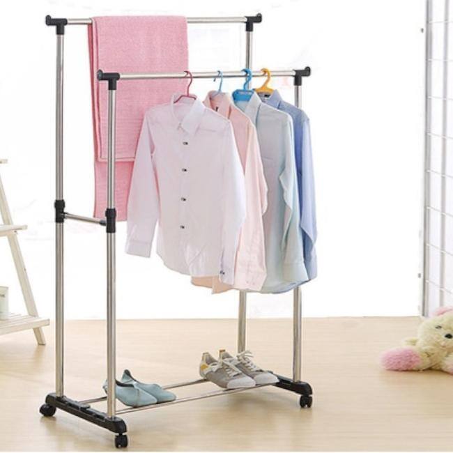 32'' Vertically & Horizontally-stretching Stand Clothes Rack(Single/Double-bar) - White/Black
