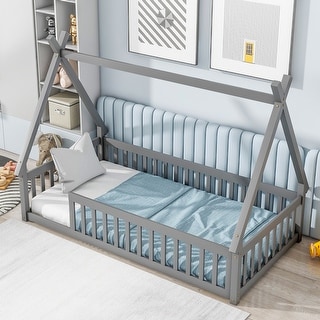 Twin Size Teepee Bed with Guardrails and Slats, Tent-Shaped Floor Bed