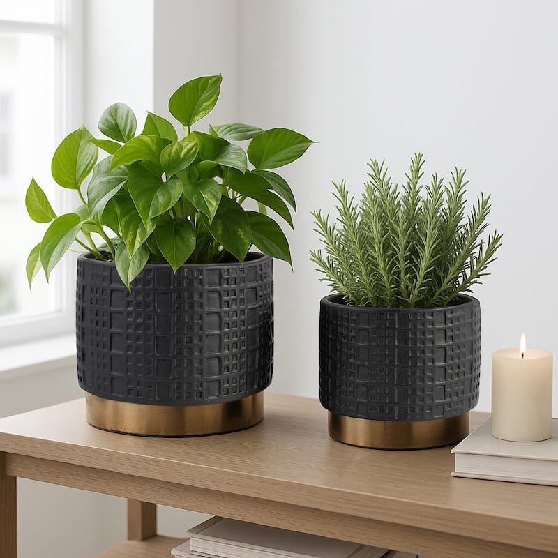 Ceramic Raised Mesh Planter Set of 2 - Black, 6/8 in.
