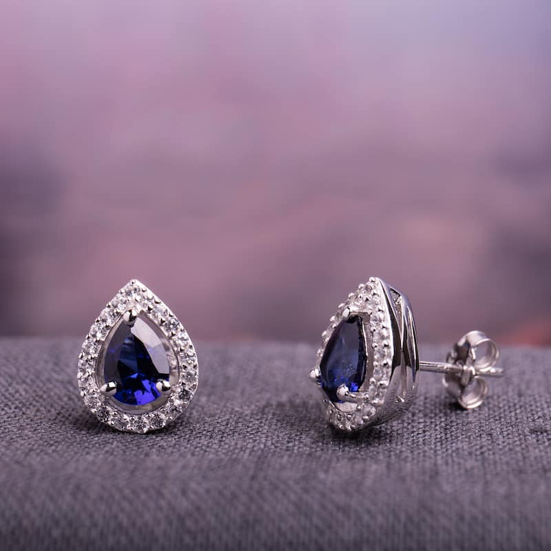 Miadora Sterling Silver Created Blue and White Sapphire Teardrop Halo Birthstone Stud Earrings