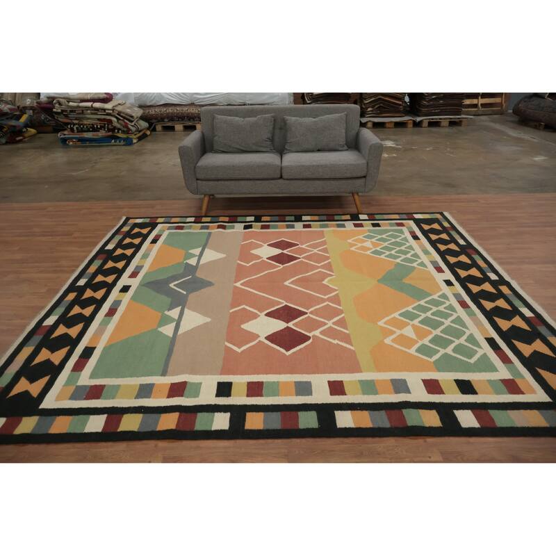 Hand Woven Oriental 100% Wool Carpet Southwestern Modern Multi-Colored Kilim Area Rug - 9' 1'' X 8' 4''