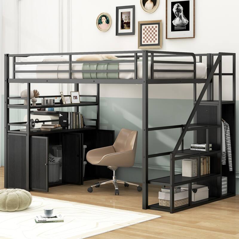 Full Size Metal Loft Bed with Storage Staircase, Wardrobe, Shelves and Lockers - Black