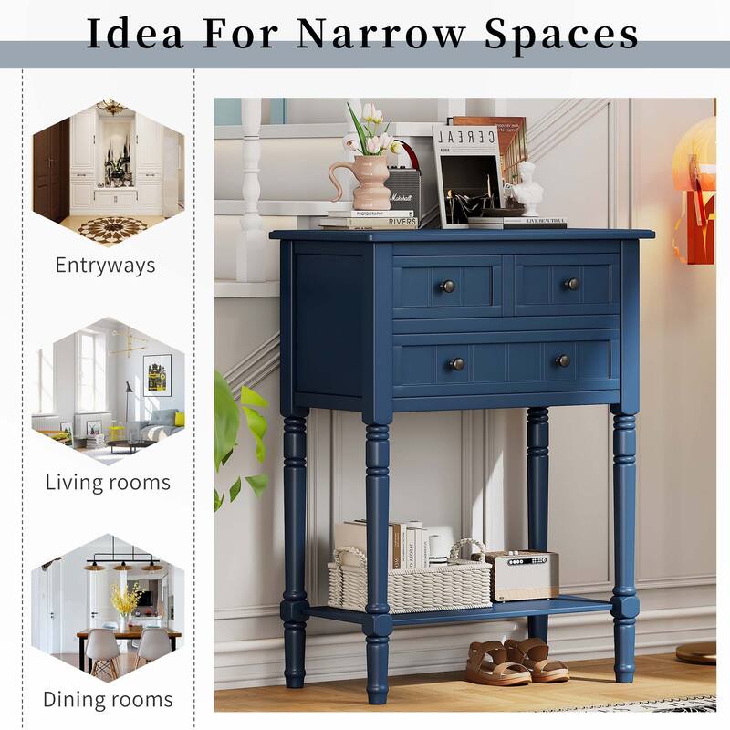 Narrow Console Table with Drawers and Bottom Shelf