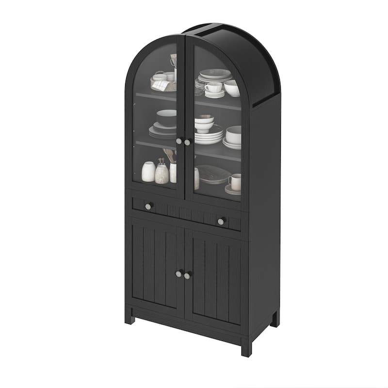 71 Inch Tall Farmhouse Arched Pantry Cabinet with Large Drawers and Adjustable Shelves for Kitchen Storage Organization