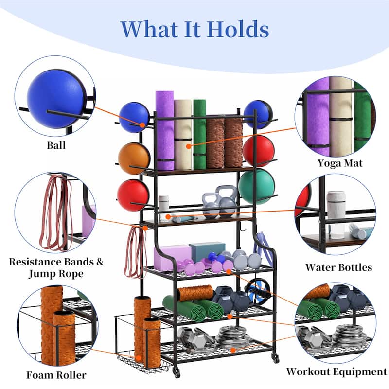 Freestanding Rolling Sports Equipment Organizer Home Gym Storage Rack with Wheels