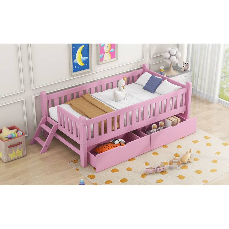 Bedroom Wood Twin Size Platform Bed with Both Sides Guardrail and 2 Storage Drawers, Kids Bed Frame with Slats Support