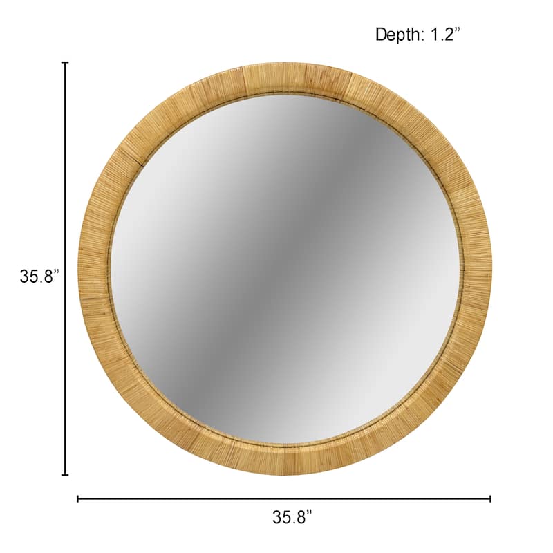 36" Dia Natural Rattan Round Wall Mirror