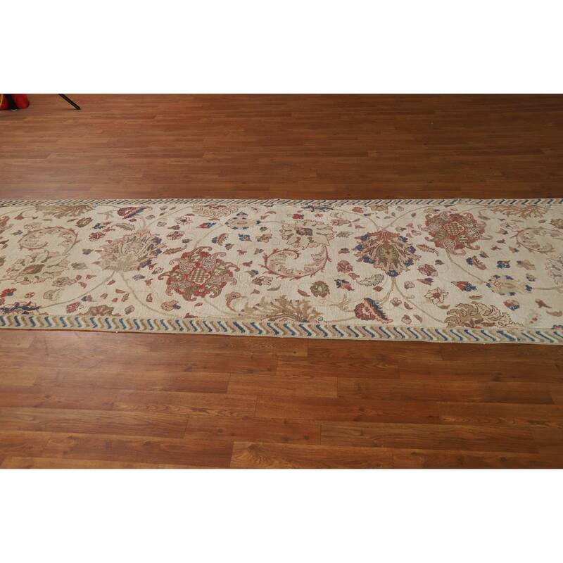 Hand Knotted Oriental 100% Wool Carpet Traditional All-Over Beige & Ivories Tabriz Runner Rug - 11' 1'' X 3' 3''