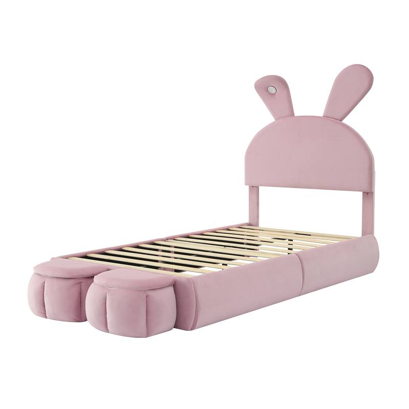 Twin Size Upholstered Platform Bed with Cartoon Ears Headboard and LED Light, Pink