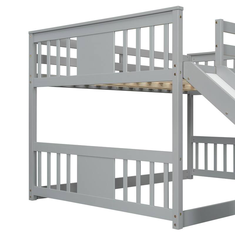 Full over Full Bunk Bed with Built-in Ladder and Slide, Wooden Full Size Floor Bunk Bed Frame