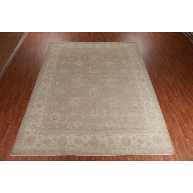Hand Knotted Oriental 100% Wool Carpet Transitional All-Over Brown Oushak Area Rug - 14' 2'' X 11' 7''