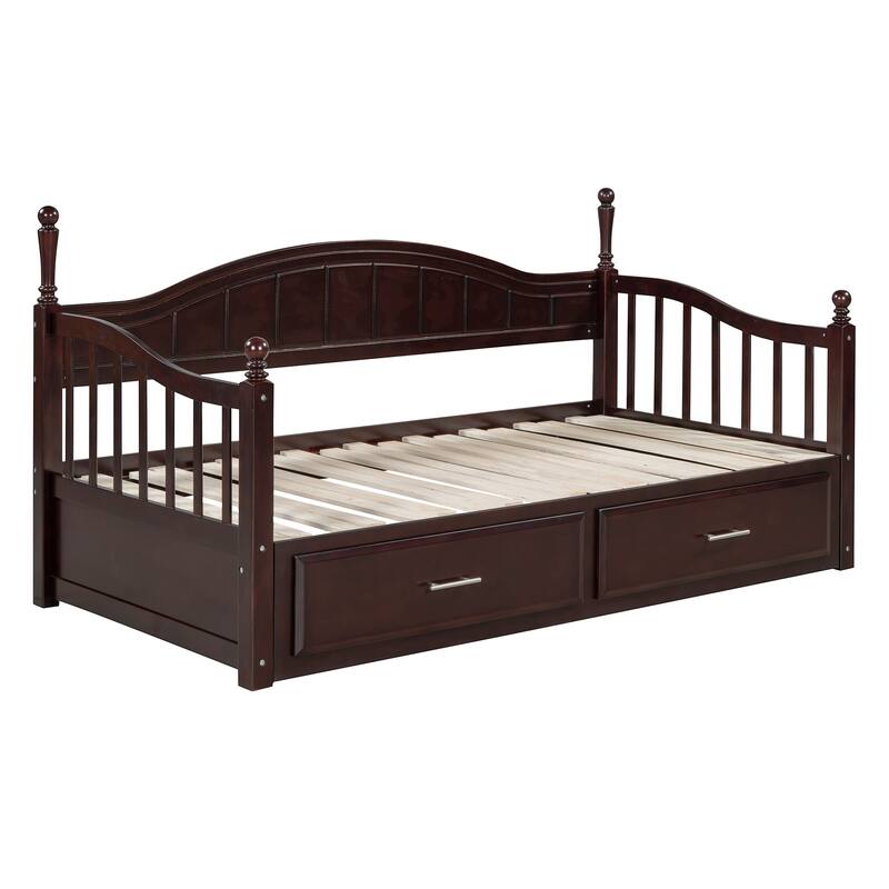 Twin Daybed Extendable Wood Sofa Bed Frame w/ Pull-out Trundle & 2 Storage Drawers, Wood Slat Support, Guardrails on Both Sides