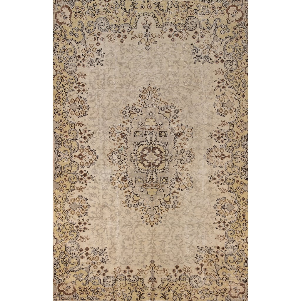 Floral Anatolian Turkish Distressed Vintage Rug Handmade Wool Carpet - 5'3"x 8'2"