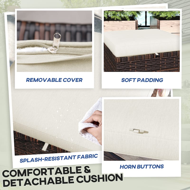 Beige-Brown Steel PE Wicker Outdoor Ottoman Set of 2 with Cushions - 15.7" W x 15.7" D x 18.1" H