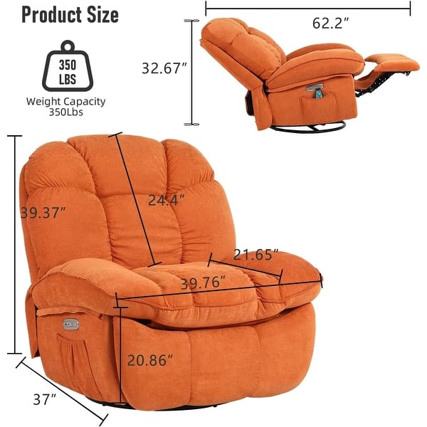 dimension image slide 1 of 3, XINMICS Swivel Power Recliner Chair, Massage Rocker Recliners with Heated ,USB, USB-C and Side Pocket