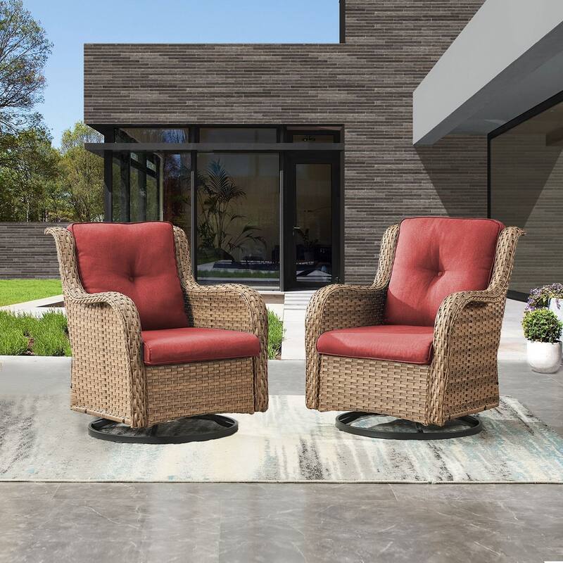 ArcoBay Wicker PE Rattan Outdoor Patio Swivel Glider Chairs with 4'' Olefin Cushions (2-Pack) - Yellow Wicker - Red