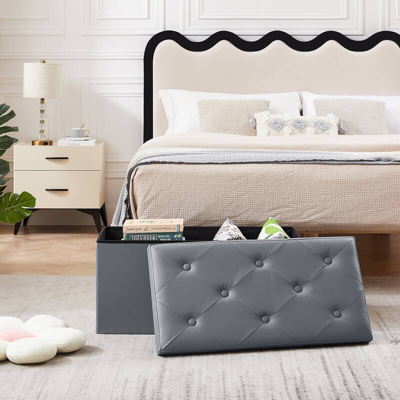 Folding Storage Ottoman, Foot Rest Stool Footstool, Leather Tufted Ottoman, Small Ottoman Cube for Living Room Bedroom Dorm - 14.8' x 30' - Grey