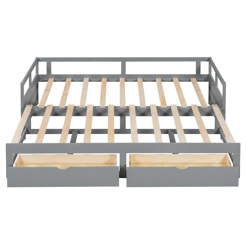 Pine Wood Daybed with Pull-Out Trundle and Two Storage Drawers, Twin to King