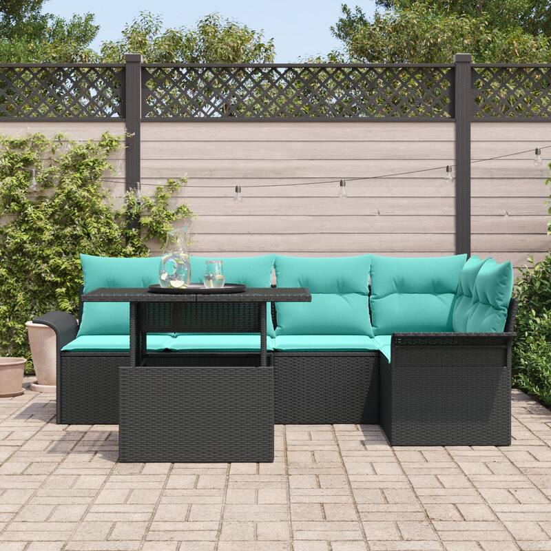 vidaXL 6 Garden Sofa Set with Cushions Black/Brown/Grey Poly Rattan - 95.5 x 52.2 x 27.2