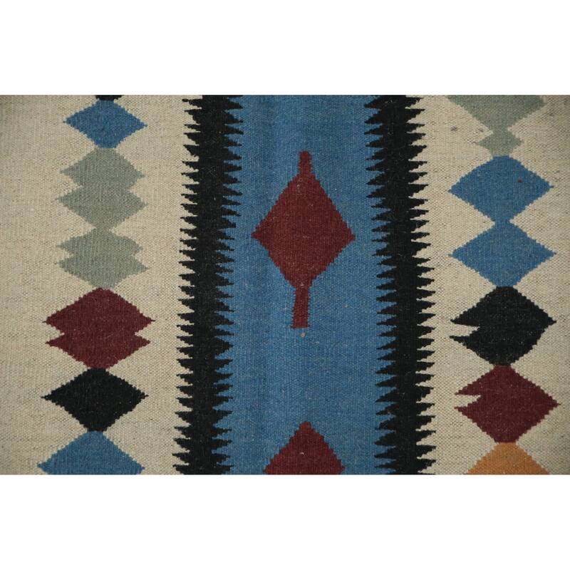 Hand Woven Oriental 100% Wool Carpet Southwestern Tribal Beige & Ivories Kilim Area Rug - 12' 0'' X 5' 0''