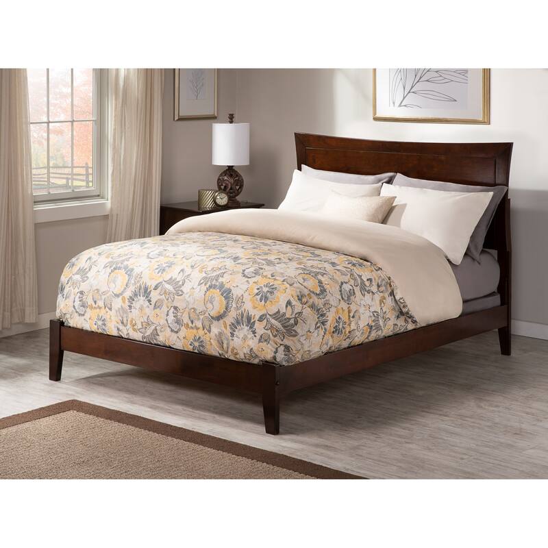 Low Profile Platform Bed - Walnut Finish, USB Charging, Hardwood Frame & Wood Slats