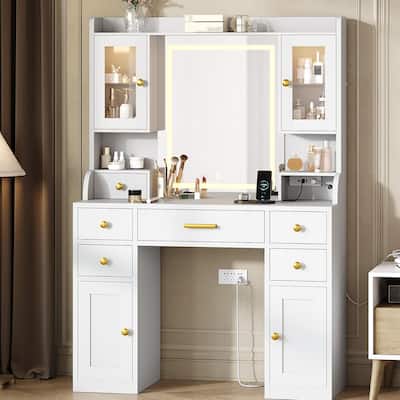 Makeup Vanity Desk with Mirror, LED Lights Dressing Table with Power Outlet