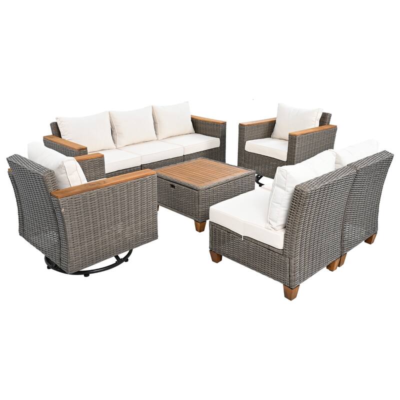 Outdoor 8-Piece Wicker Conversation Sectional Sofa Set with Swivel Chairs & Storage Table