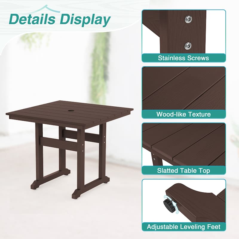 35.2-inch HDPS Outdoor Square Table With Umbrella Holes - 35.2" W x 35.2" L x 30.1" H
