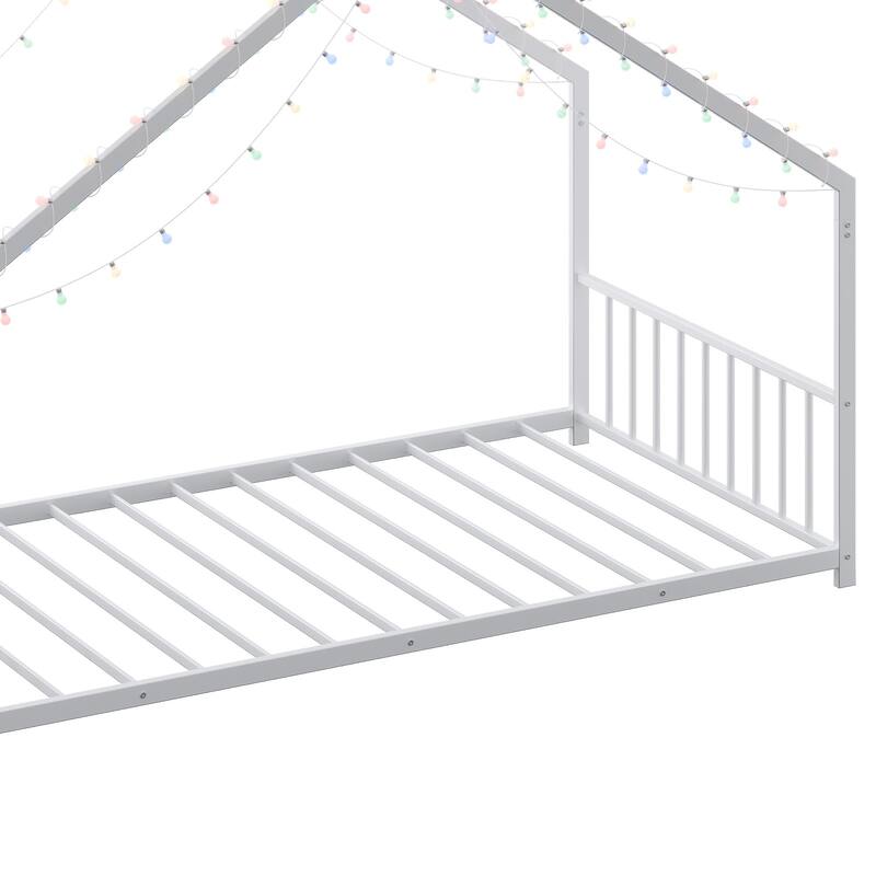 Anmytek House Shaped Twin Bed Kids Canopy LED Lights White Metal Frame Playful Nursery