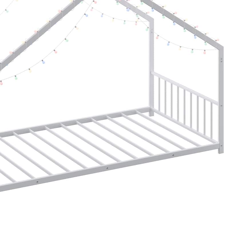House-shaped Bed Frame, Toddler Kid Iron Floor Bed with House Roof Frame and LED Light Strips, House Daybed