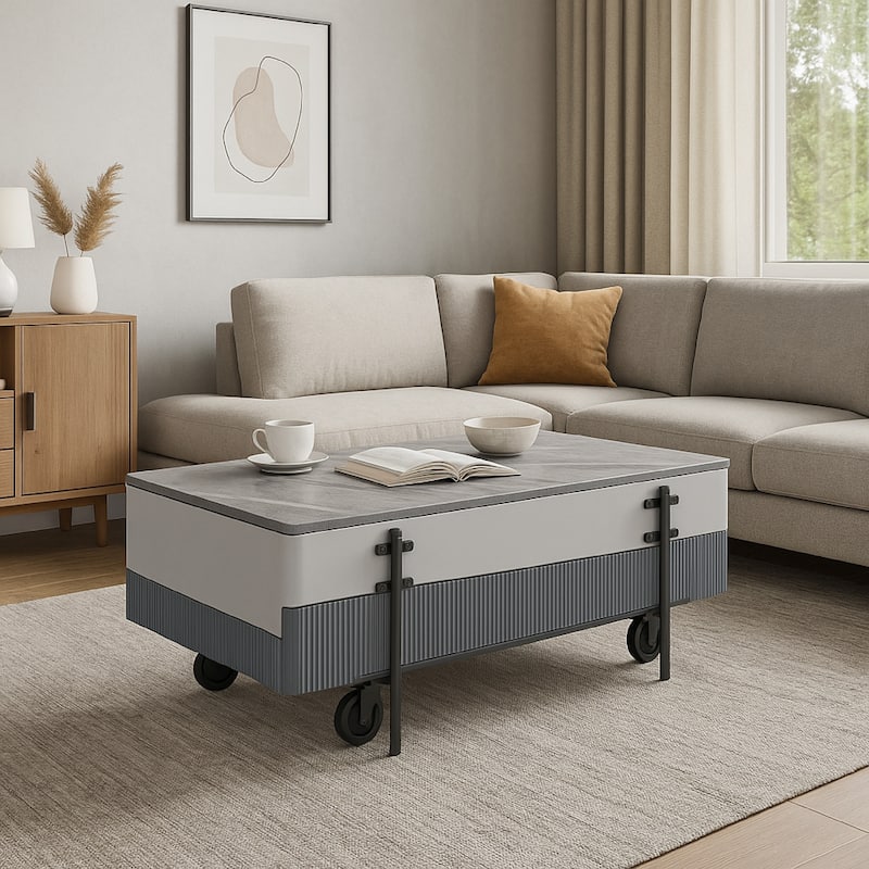 Mindy Coffee Table with Lift Top, 3 Compartments, White Gray 47 Inch