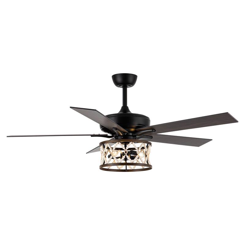 52" Bohemian Black Ceiling Fan with Wood Beaded Light Kit and Remote Control - 52 in. D x 52 in. W x 18.2 in. H