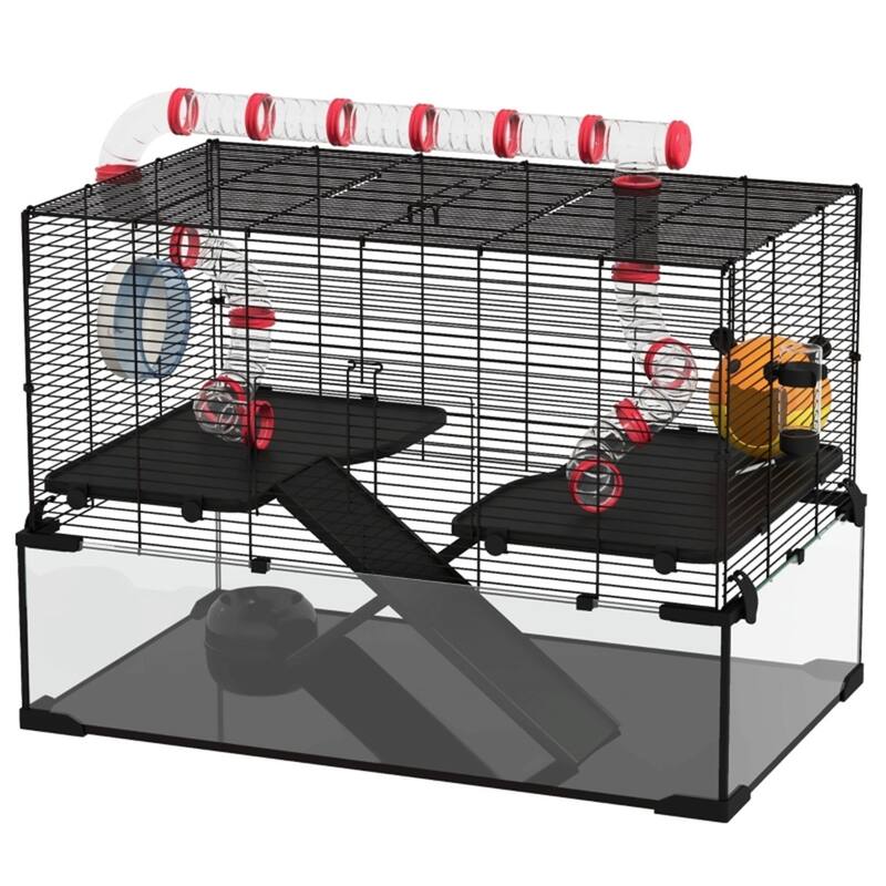 Black-Transparent Tempered Glass Hamster Cage with Steel Frame and Accessories - 31" L x 19" W x 22.4" H - Black-Transparent